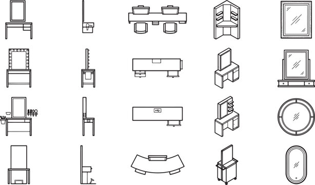 Illustrative vector art set showcases furniture icons in sleek line art, inviting designers and illustrators.