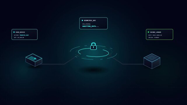 3D Isometric Animation of Secure Biometric KYC Authentication for Financial Transfer to a Blockchain Ledger with Futuristic HUD Interface