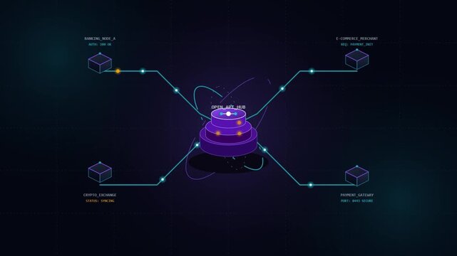 Futuristic Open API Hub Network Animation Showing Data Transfer Between Banking, Crypto Exchange, E-commerce Merchant, and Payment Gateway Nodes