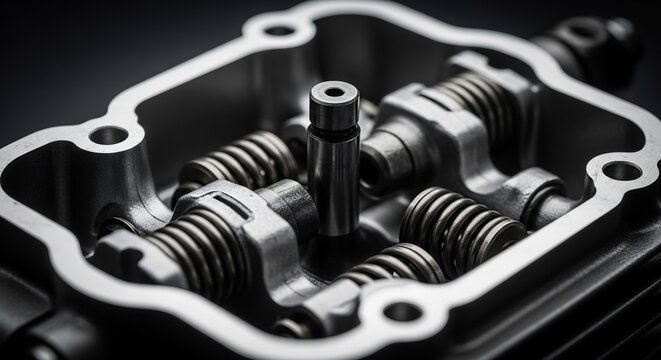 Close-up of Motorcycle Engine Cylinder Head Internal Components.