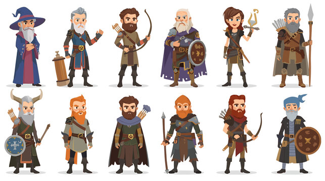 A group of fantasy characters are standing together in a vector illustration including a wizard.
