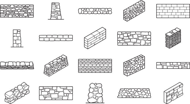 A comprehensive collection of stonework, showcasing varied brick and stone wall patterns in detailed line art. Suitable for architecture, design. 