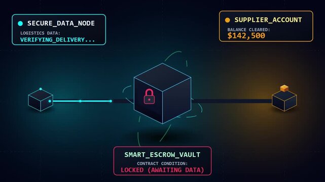 Smart contract blockchain animation showing an automated escrow vault releasing funds to a supplier account upon delivery confirmation in a supply chain logistics payment scenario.