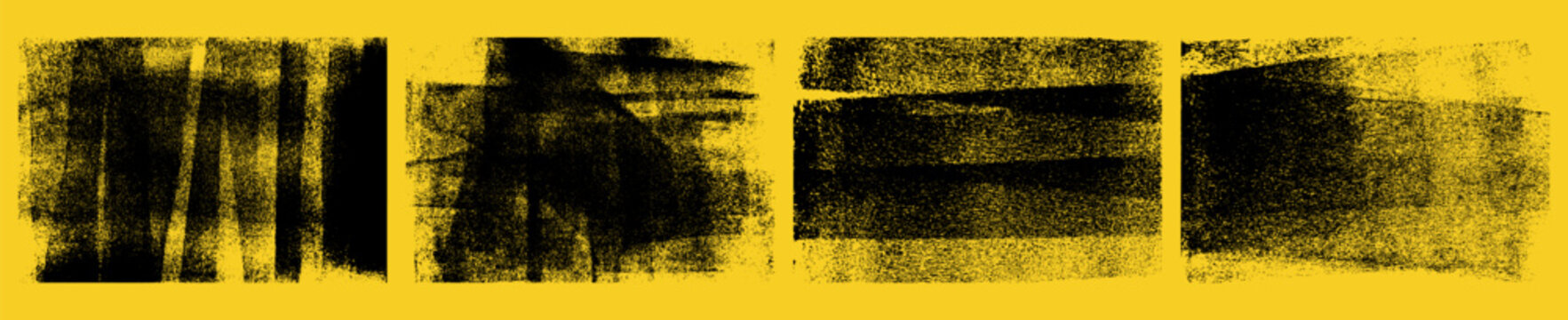 Rolled ink stamp textures, grunge noisy overlays set Letterpress eroded backdrops with streaks, linocut printmaking rectangle shapes with uneven edges vector illustration isolated on yellow background