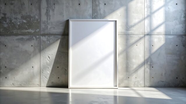 Blank white poster frame leaning against a rough concrete wall with dramatic sunlight and shadows