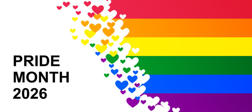 Pride Month 2026 banner. Rainbow flag with hearts on white