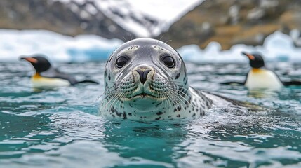 Obraz premium Curious Seal Staring Directly at Camera with Penguins in Background.