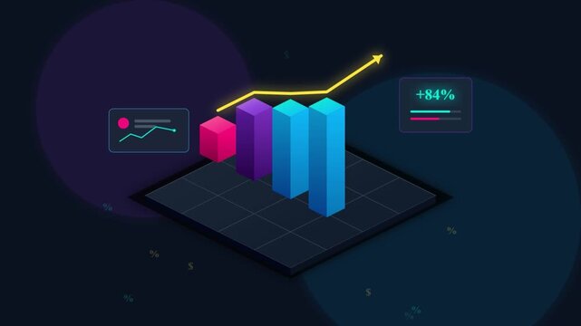 Animated 3D Isometric Bar Chart Showing Business Growth and 84 Percent Profit Increase on a Digital Data Dashboard