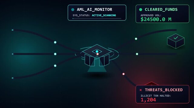 AML AI Monitor Interface Showing Financial Transaction Scanning, Cleared Funds, and Blocked Threats for Cybersecurity and Fraud Prevention