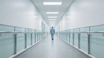Obraz premium A serene and clean hospital corridor with a healthcare professional walking down the center, surrounded by glass railings and modern fluorescent lighting, conveying a sense of safety, hygiene, and