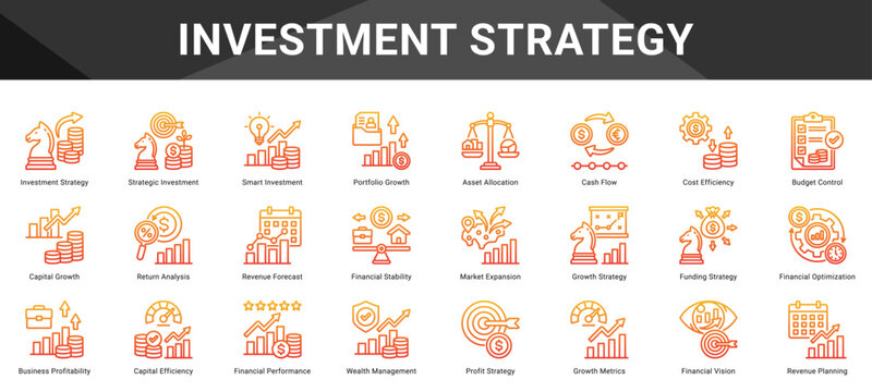 INVESTMENT STRATEGY  Icon set collection. Vector icon pack featuring thematic icons for your presentations or business.