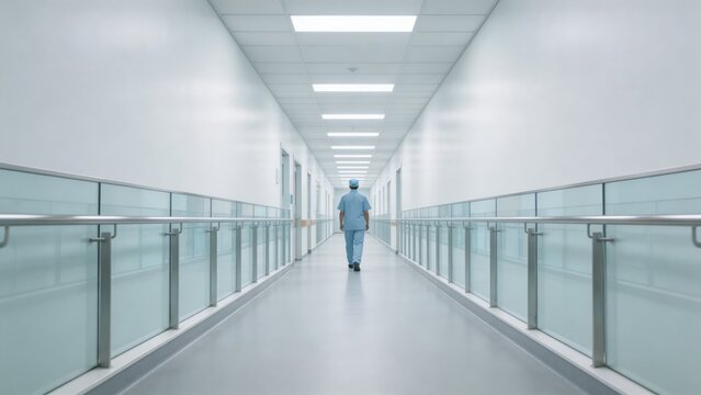 A serene and clean hospital corridor with a healthcare professional walking down the center, surrounded by glass railings and modern fluorescent lighting, conveying a sense of safety, hygiene, and