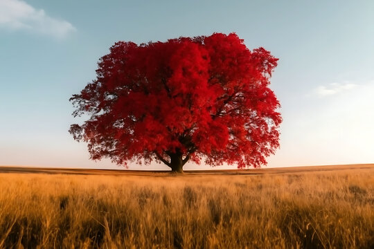 Scenic Lonely Autumn Tree Standing on a Rolling Hill in a Peaceful Open Field Under a Golden Evening Sky