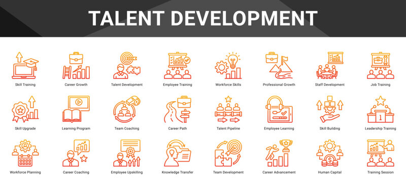 TALENT DEVELOPMENT  Icon set collection. Vector icon pack featuring thematic icons for your presentations or business.