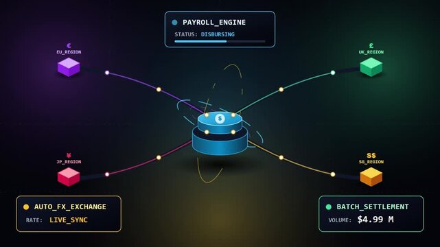 Fintech animation of a global payroll engine disbursing international payments with live currency exchange and batch settlement tracking.