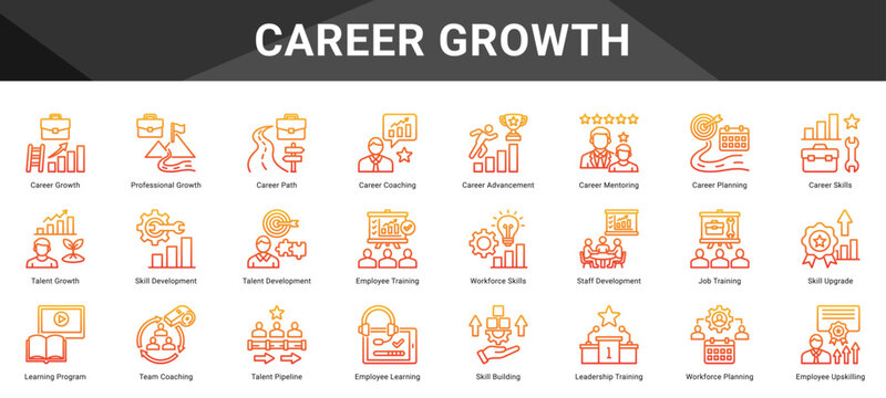 CAREER GROWTH  Icon set collection. Vector icon pack featuring thematic icons for your presentations or business.