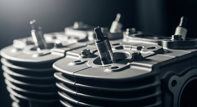 Close-up of two motorcycle engine cylinders with spark plugs.