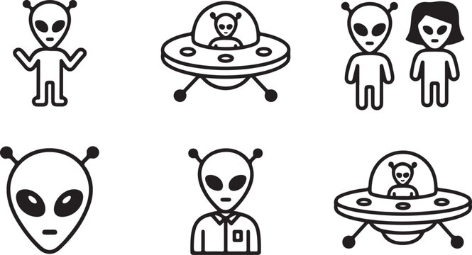 Set of black and white alien icons with ufo spaceships and extraterrestrial characters