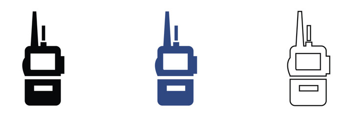 Walkie Talkie Radio Icons Communication Device Set. Set of walkie talkie icons in outline, solid, and colored styles with signal waves, representing wireless communication and radio devices. © KD Vector Studio
