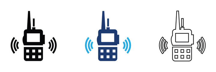 Plakat Walkie Talkie Radio Icons Communication Device Set. Set of walkie talkie icons in outline, solid, and colored styles with signal waves, representing wireless communication and radio devices.