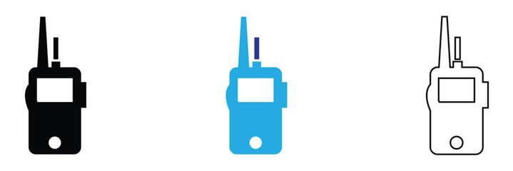 Walkie Talkie Radio Icons Communication Device Set. Set of walkie talkie icons in outline, solid, and colored styles with signal waves, representing wireless communication and radio devices. © KD Vector Studio