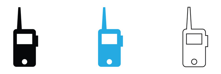 Walkie Talkie Radio Icons Communication Device Set. Set of walkie talkie icons in outline, solid, and colored styles with signal waves, representing wireless communication and radio devices. © KD Vector Studio