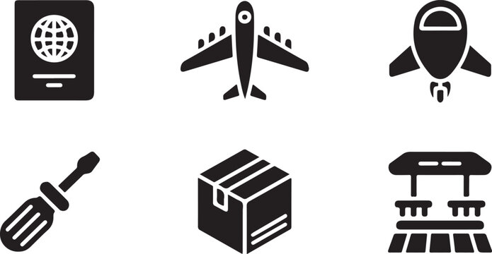 Set of black travel and logistics icons including passport airplane plane screwdriver and box