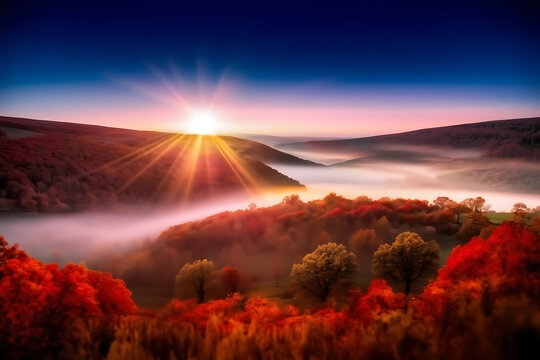 Scenic Mountain Landscape with Glowing Sunset Sky and Golden Sunrise Light Over Majestic Peaks
