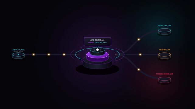 3D Animation of a DeFi Smart Contract Auto Router Processing Liquidity Pool Inflow and Distributing Funds to Operations, Treasury, and Staking Rewards