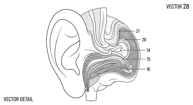 Human Ear Anatomy Cross Section with Inner Ear Structure Illustration