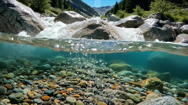 A split-level view captures the rushing water of a mountain stream above and the colorful riverbed below, showcasing the dynamic interplay of nature's elements.
