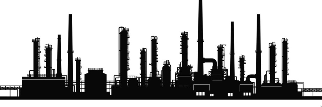 Industrial refinery factory skyline silhouette, petrochemical plant vector illustration, oil and gas industry infrastructure, energy production facility, 