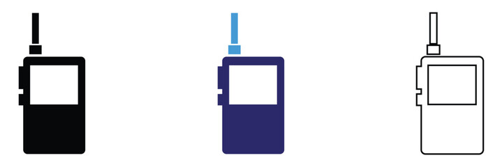 Walkie Talkie Radio Icons Communication Device Set. Set of walkie talkie icons in outline, solid, and colored styles with signal waves, representing wireless communication and radio devices. © KD Vector Studio