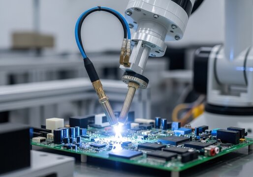 Robotic arm precision assembly of circuit board components isolated on transparent background