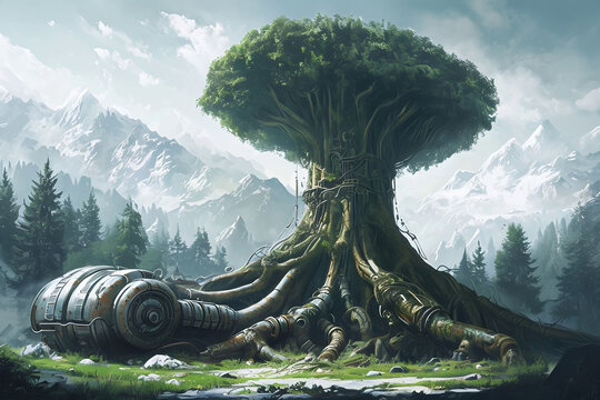 Cyborg tree with parts of organic and mechanical wood, fusion between plants and engineering, tree with parts of organic and mechanical wood, fusion between plants and engineering