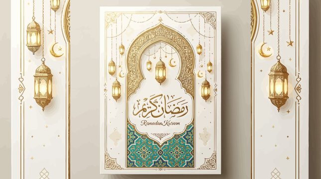 Ramadan kareem greeting card with golden lanterns, islamic arch, and traditional patterns