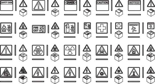 A comprehensive set of safety signs and symbols provide clear and instant safety warnings and instructions, each designed to effectively convey critical information in various environments.