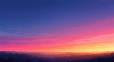 Fototapeta premium A breathtaking sunset over rolling hills with a colorful gradient sky transitioning from deep blue to vibrant pink and orange