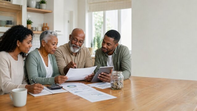 Multigenerational family reviewing financial documents and savings at home