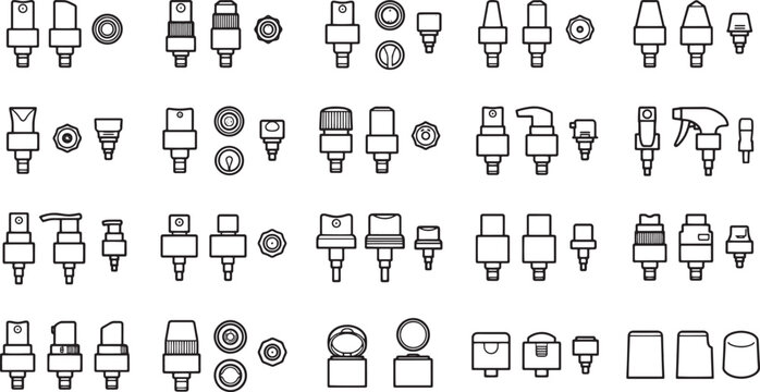 A collection of various nozzles and sprayers, a comprehensive display of cosmetic and cleaning solutions, presented in a clean and organized arrangement.
