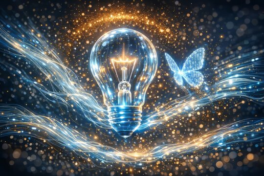 holograma azul brillante de una bombilla y mariposa suspendida entre corrientes de datos digitales fluyentes, renderizada en un estilo 3D futurista