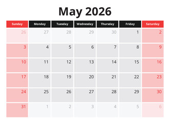 Plakat May 2026 planner calendar. English monthly page