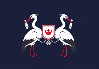 Obraz premium Heraldic emblem of two storks with fish and shield