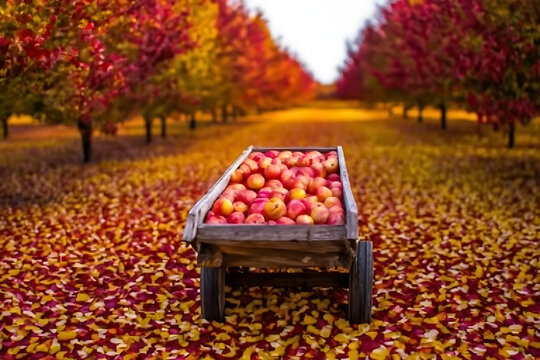Fresh Red Apples in a Rustic Basket Surrounded by Lush Garden Foliage in Warm Natural Daylight