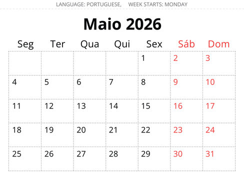 2026 Portuguese May monthly calendar planner Maio. Vector illustration for Portugal