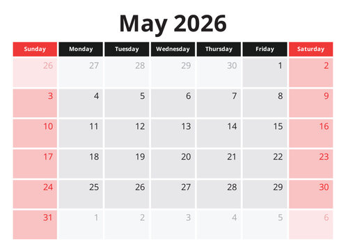 May 2026 planner calendar. English monthly page