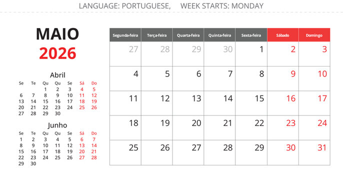 2026 Portuguese May monthly calendar planner page &ndash; Maio. Vector illustration Portugal