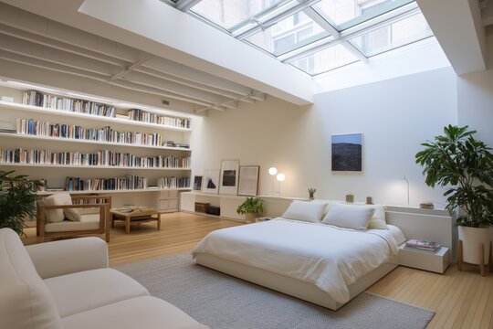 Bright minimalist studio apartment with ceiling skylight, multifunctional furniture, clean and airy composition