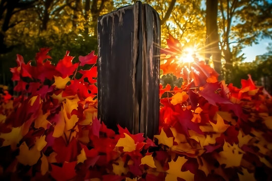 Scenic Red Autumn Leaves Covering a Peaceful Park Path in Vibrant Fall Colors During Golden Morning Light
