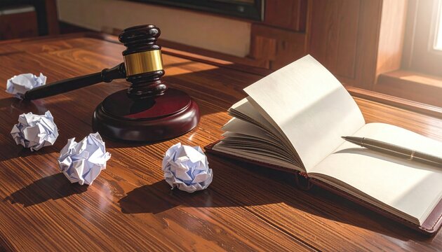 Wooden gavel with notepad and crumpled paper on a wooden desk near window